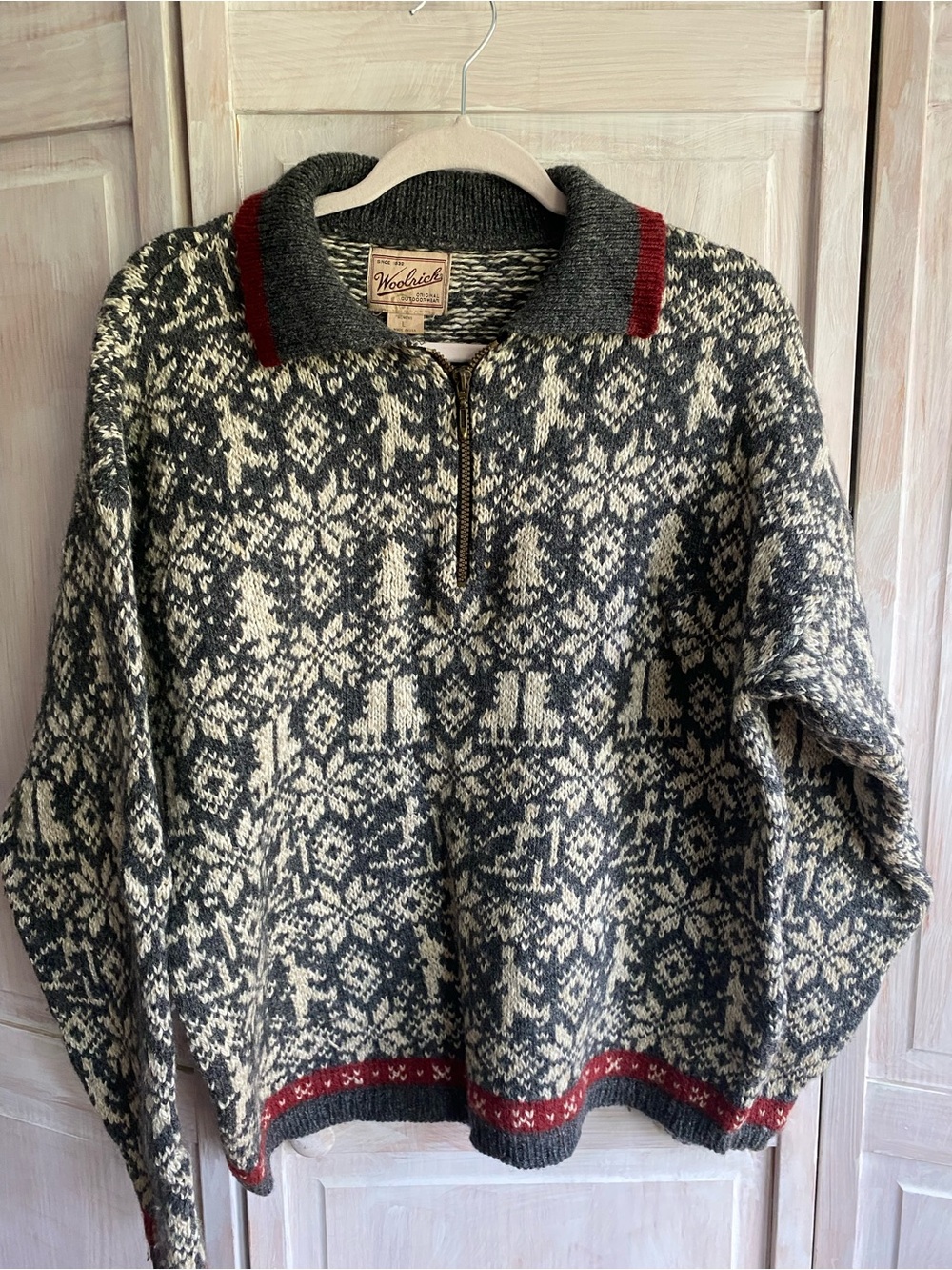 Woolrich Women's Gray & Cream Nordic Half-Zip Sweater with Red Trim
